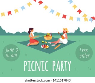 Picnic Summer Party. Invitation Template. Girls In The Park. Vector