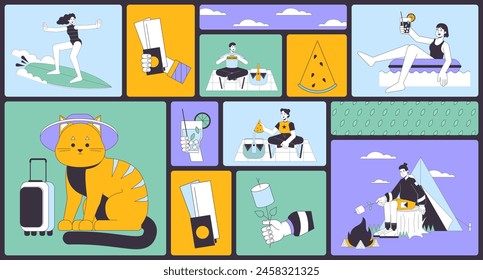 Picnic summertime seaside bento grid illustration set. Cat suitcase, surfer girl, campsite 2D vector image collage design graphics collection. Recreational travelers flat characters moodboard layout