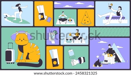 Picnic summertime seaside bento grid illustration set. Cat suitcase, surfer girl, campsite 2D vector image collage design graphics collection. Recreational travelers flat characters moodboard layout