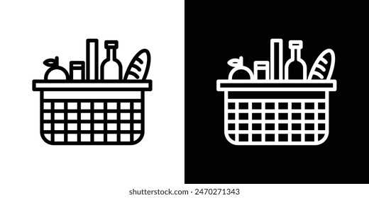 Picnic symbols. Grocery food and drink basket vector sign. Market hand basket icon.