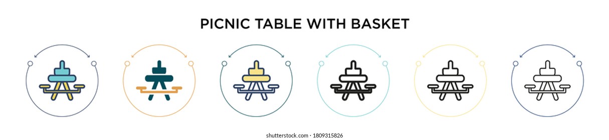 Tabla de picnic con icono de canasta en el estilo relleno, delgado, contorno y trazo. Ilustración vectorial de dos mesas de picnic coloradas y negras con diseños de iconos vectoriales de canasta se pueden usar para móviles, ui,