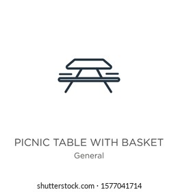 Picnic table with basket icon. Thin linear picnic table with basket outline icon isolated on white background from general collection. Line vector sign, symbol for web and mobile