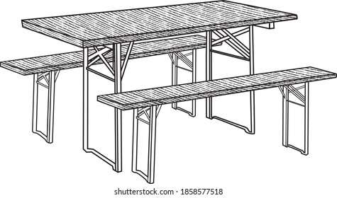 mesa de picnic y banco. ilustración vectorial. blanco y negro. dibujado a mano.