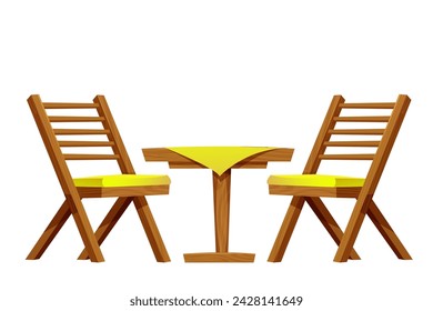 Picnic table with chair set wooden furniture, wood desk with leg and tablecloth, rustic construction isolated on white background. Comic wooden textured coffee table.