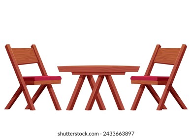 Picnic table with chair set wooden furniture, wood desk with leg rustic construction in cartoon style isolated on white background. Comic wooden textured coffee table.