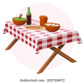 Picnic table with a checkered tablecloth and food and drink on top