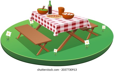 Mesa de picnic con manteles de cuadros con comida y bebida (cortada)