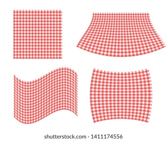 Picnic table cloth backgrounds for design montage. Red checkered tablecloth set isolated vector illustration
