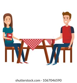picnic table with couple characters
