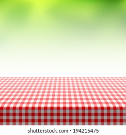 Picnic Table Covered With Checkered Tablecloth. Vector.