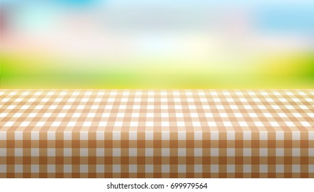 Picnic Table Covered With Tablecloth On Blurred Background. EPS10 Vector