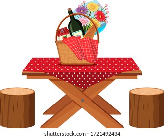 Picnic table with food basket and drink on it illustration
