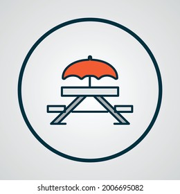 Picnic table icon colored line symbol. Premium quality isolated bench element in trendy style.