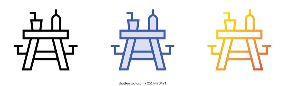 ícone da mesa de piquenique. Design de estilo linear, preenchimento azul e gradiente isolado em plano de fundo branco
