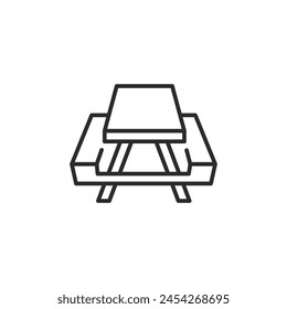 Picnic Table icon. Simplistic depiction of a picnic table, ideal for denoting outdoor dining areas, parks, and recreational spaces. Vector illustration