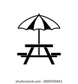 Picnic table icon with umbrella shade in black and white vector style, park seating symbol for outdoor dining and leisure area