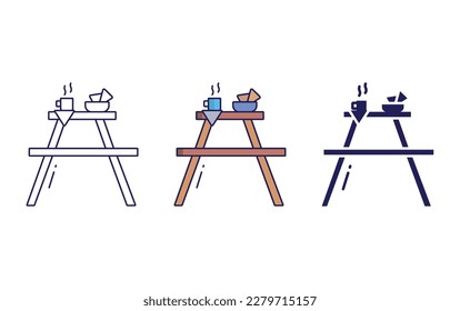 picnic table line and solid vector icons