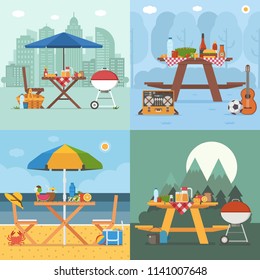 Picnic table and outing appliances on different backgrounds. Barbecue party concepts with bbq on public park, sea beach, mountain and city. Summer picnic scenes in flat design.