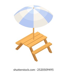 Picnic table with parasol - hand drawn isometric vector illustration.