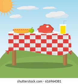 picnic table red checkered food landscape
