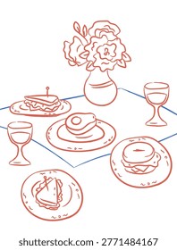 Picnic table spread with sandwich, donut, egg dish, wine glasses, and flower vase drawn in loose linework. Symbol of leisure, brunch, sharing, and outdoor gathering. Cartoon vector illustration.