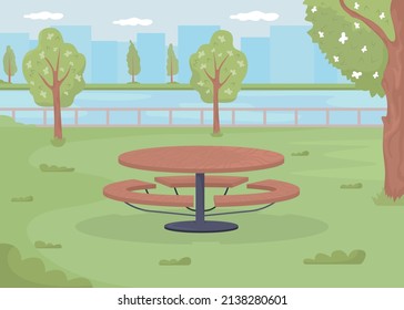 Picnic table surrounded by residential green space flat color vector illustration. Urban environment. Outdoor venue. Green place for picnic in park 2D simple cartoon landscape with city on background