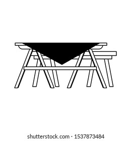 picnic table with tablecloth over white background, vector illustration