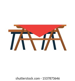 picnic table with tablecloth over white background, vector illustration