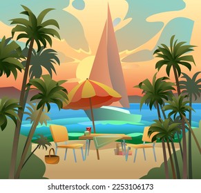 Picnic table with umbrella. Beach sand near surf. Tropical forest with palm trees. Two armchairs and baskets of food. Weekend in nature. Cartoon fun style. Flat design. Vector