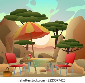 Picnic table with umbrella. Desert among stones and sand. Africa acacia. Two armchairs and baskets of food. Weekend in nature. Cartoon fun style. Flat design. Vector