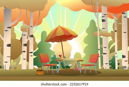 Picnic table with umbrella. Lawn in autumn birch forest. Two armchairs and baskets of food. Weekend in nature. Cartoon fun style. Flat design. Vector