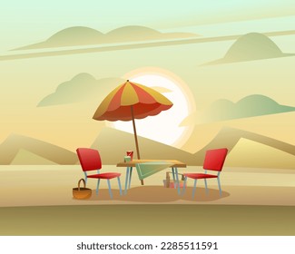 Picnic table with umbrella. Sand dunes in desert. Two armchairs and baskets of food. Weekend in nature. Cartoon fun style. Flat design. Vector