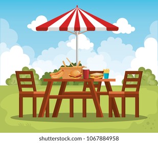 picnic table with umbrella scene