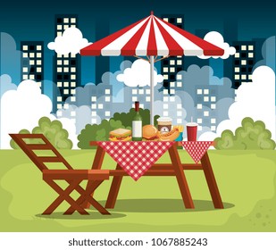 picnic table with umbrella scene