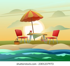 Picnic table with umbrella. Two armchairs and baskets of food. On shore of sand beach of sea bay. Sunset on horizon. Weekend in nature. Cartoon fun style. Flat design. Vector