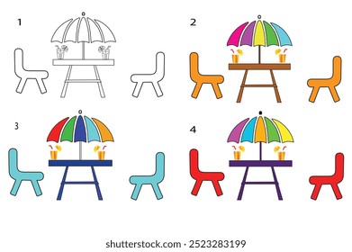 Picknick-Tisch, Vektorsymbol einzeln auf weißem Hintergrund. Vektorgrafik Picknick-Tischsymbole, mit verschiedenen Farben zusammen mit dem Schirm EPS 9