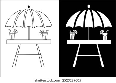 Picnic table vector icon isolated on white and black background. Vector illustration, along with umberalla. EPS 9