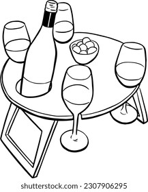 Picnic Table Wine Glasses Wine Tasting Drawing Sketch Illustration