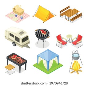 Picnic with Tablecloth, Hamper with Food and Barbecue Grill as Summer Outdoors Meal Isometric Vector Set