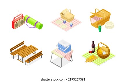 Picnic with Tablecloth and Hamper with Food as Summer Outdoors Meal Isometric Vector Set