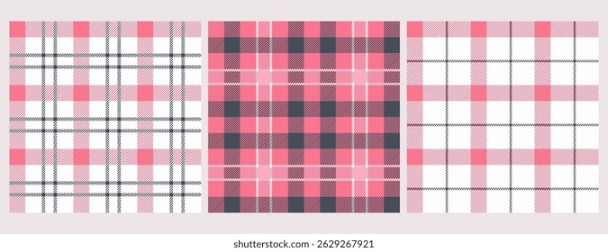Picnic tablecloth plaid, gingham seamless pattern vector set. Traditional square check vichy tartan. Napkin textile, grid blankets, checkered kitchen print or checker backgrounds in pastel pink colors