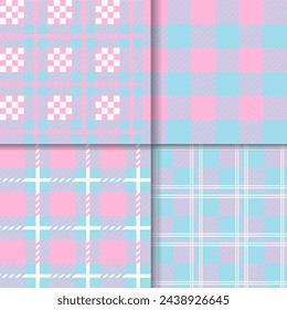 Picnic tablecloth seamless pattern. Pink and sky blue gingham backgrounds. Set checkered kitchen prints. Retro wallpaper with check square glen houndstooth. Color illustration