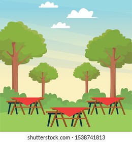 picnic tables in the park with trees, colorful design , vector illustration