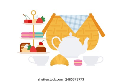 Picnic Tea Party. Summer food on a recreation area - wicker basket, teapot, cups, sweets and pastries, small cakes. Summer outdoor picnic. Simplicity and clear illustration. Isolated flat vector