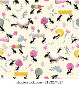 Picnic Teamwork Outdoor Ants Taking Food Vector Seamless Pattern