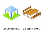 Picnic Tent or Marquee on Green Square Area and Wooden Table with Bench Isometric Vector Illustration Set