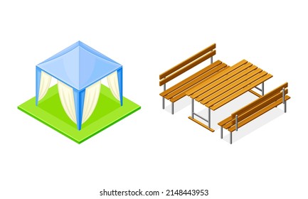 Picnic Tent or Marquee on Green Square Area and Wooden Table with Bench Isometric Vector Illustration Set