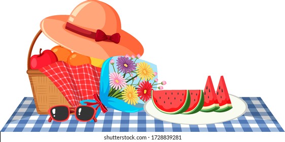 Picnic theme with fruit basket and flowers illustration
