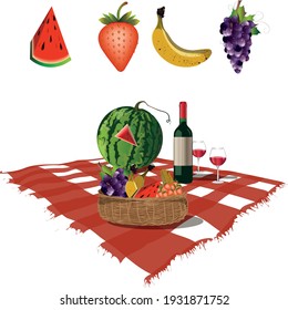 Picnic theme vector design. Fruit and Wine.