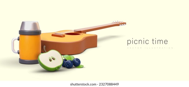 Picnic time. 3D guitar, thermos, fresh blueberries, sliced apple. Horizontal poster on yellow background. Place for advertising text, announcement, offer